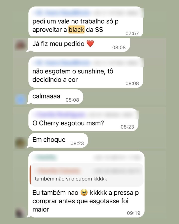 Mensagens das clientes no grupo VIP na abertura da Black 2025